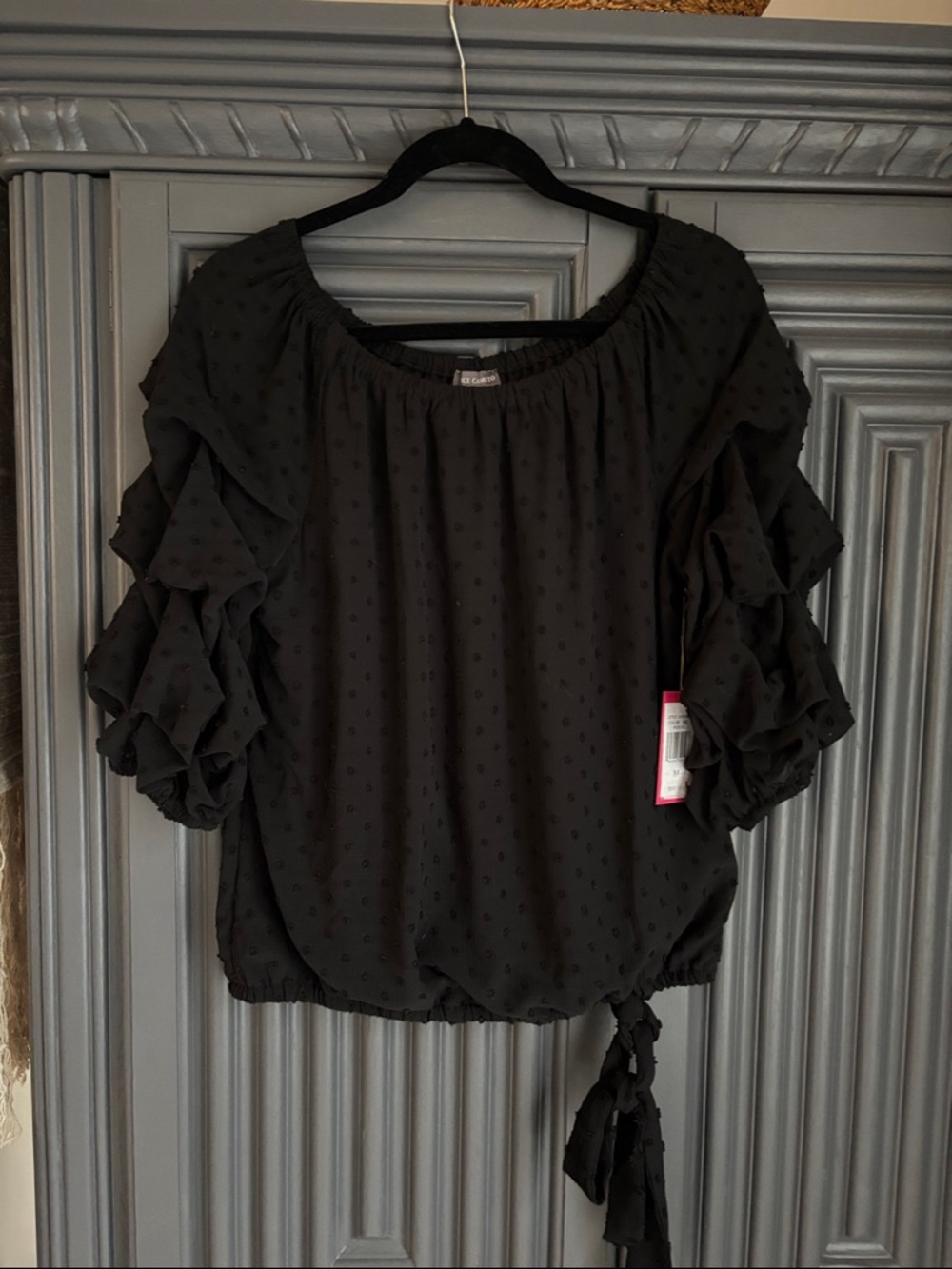 Vince Camuto Black Swiss Dot Ruffle Sleeve Blouse